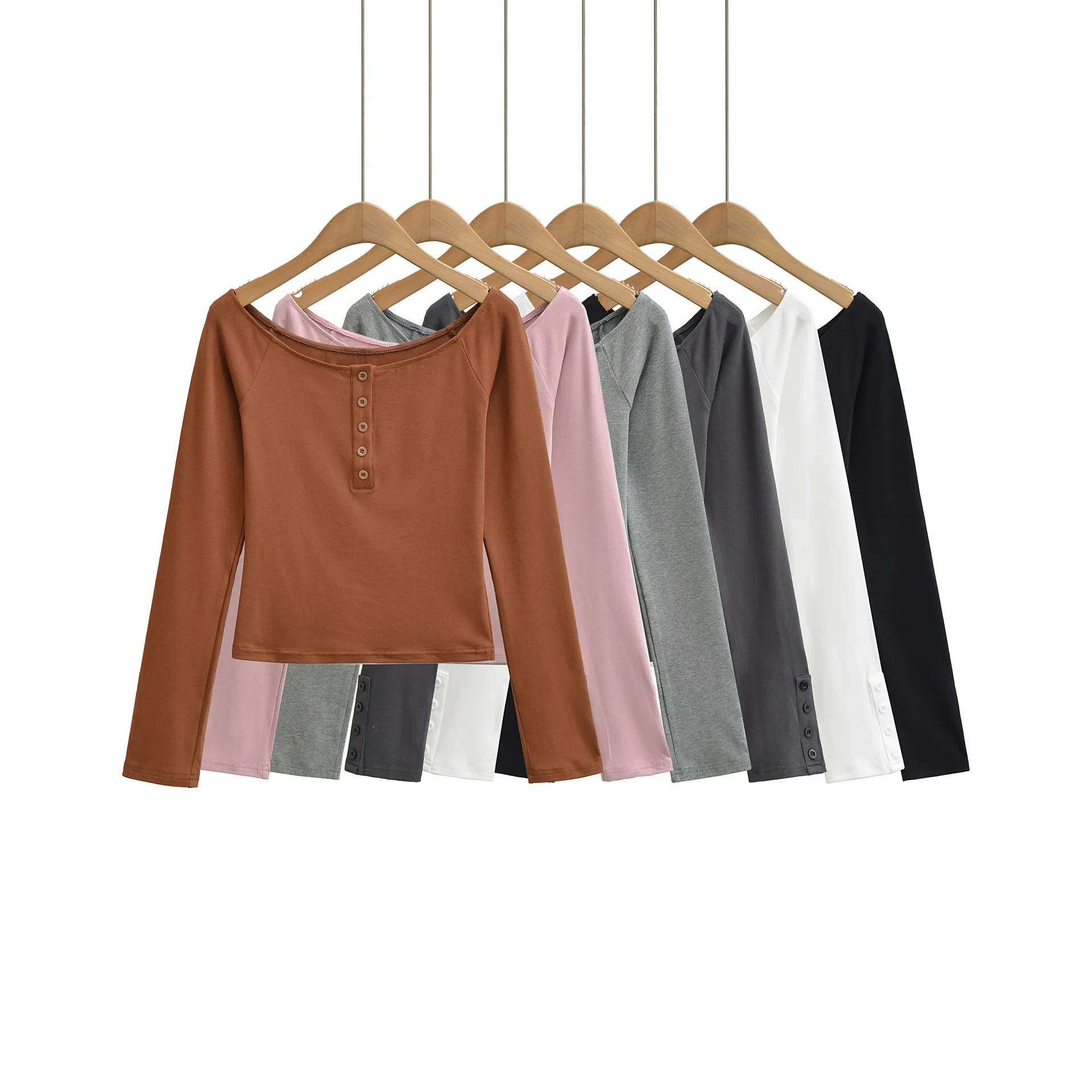 Spring Korean Fashion Style Slim Fit Hot Girl Off-Shoulder Shell Button Clean Face Crop Long Sleeve Pullover T-Shirt Charm O3IF