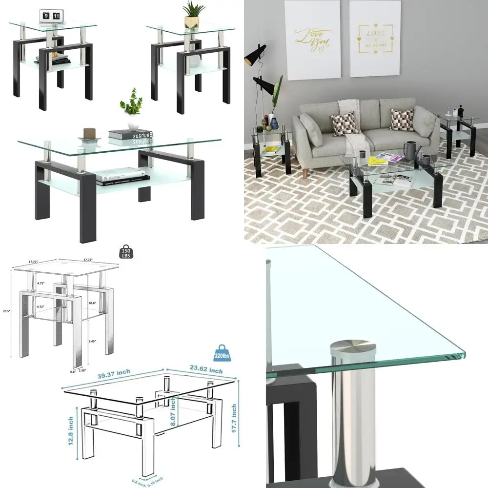 

3-Piece Glass Living Room Table Set: Coffee Table and End Tables with Tempered Glass