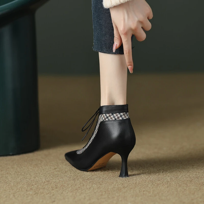 Nowe jesienne buty damskie buty do kostki ze skóry naturalnej szpiczasty nosek buty na wysokim obcasie dla kobiet kraty czarne buty Retro nowoczesne