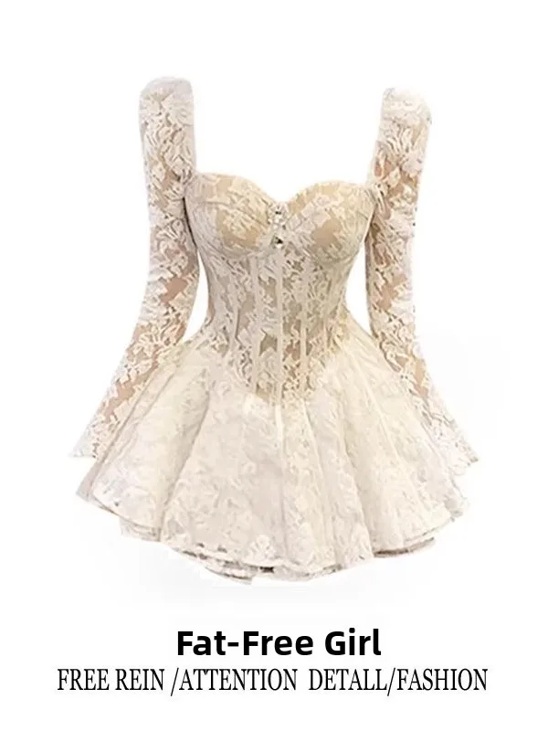 Slim Fit A-Line Dress Lace Square Collar Short Skirt Women's Fashion Winter Sexy Little Fragrance Style High Waist French Style