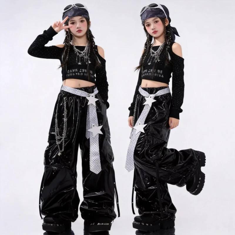 

Jazz Girl Group Clothes Sets Girls Hip Hop Black Sequin Crop Tops Cargo Pants Child Street Dance Costume Kids K-pop Streetwear