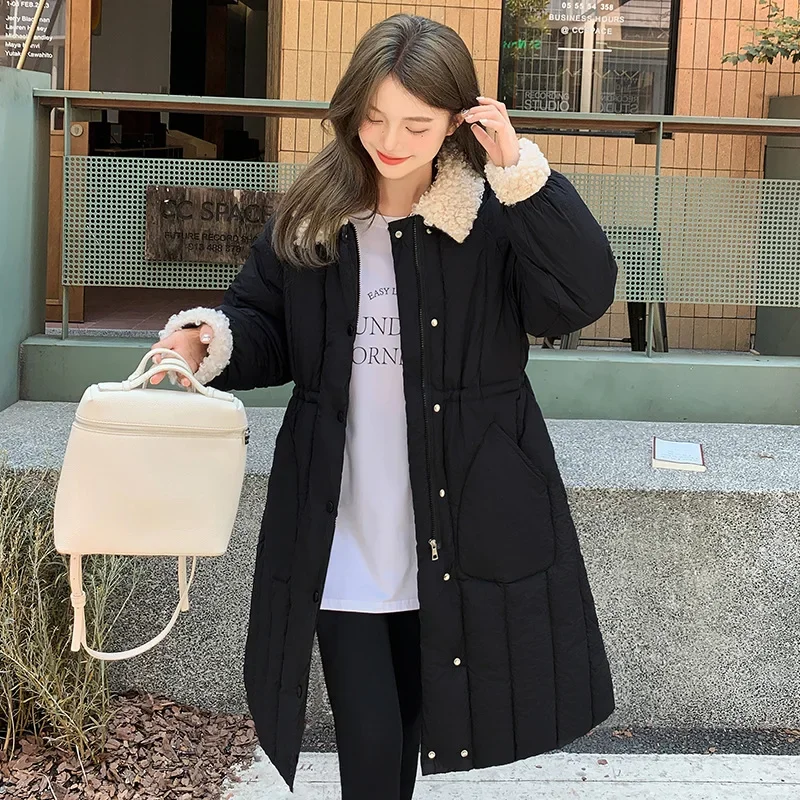 PinkyIsBlack 2024 New Lamb Collar Long Down Cotton Women's Jacket Winter Korean Solid Color Single Breasted Loose Coat Clothes