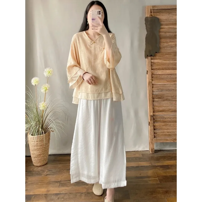 

Women's Improved Hanfu Tea Ceremony Outfit 2PCS V-Neck Oblique Placket Top & Wide Leg Pants Set