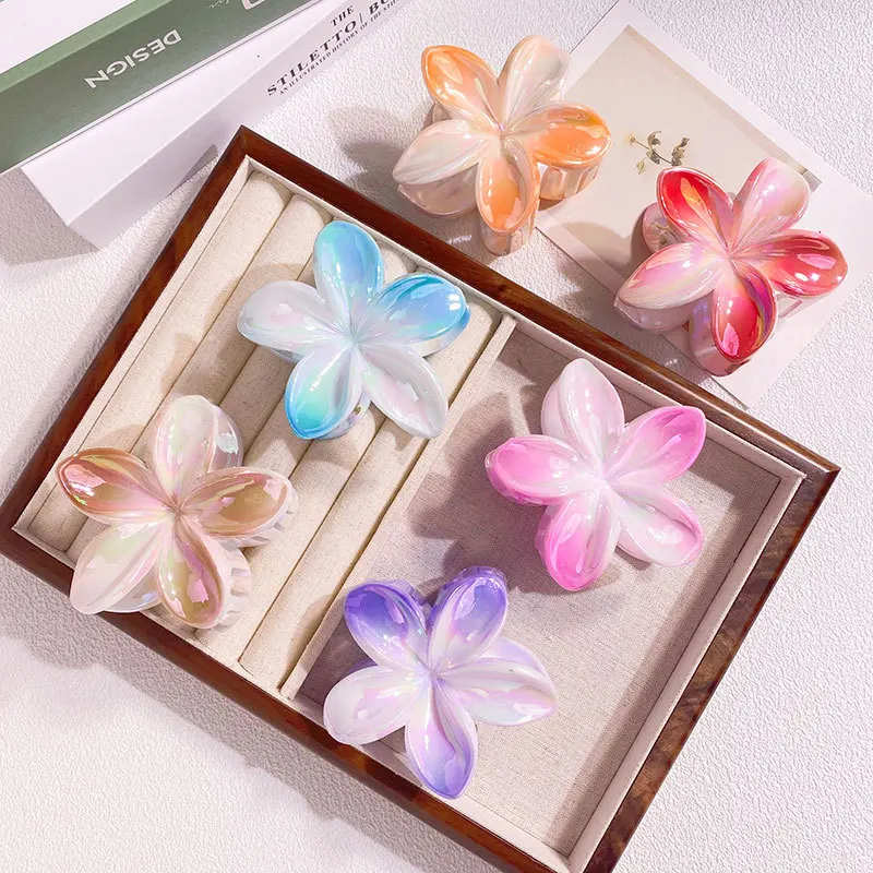 Sweet Gradient Colorful Flower Acrylic Hair Claw Clip Korean Women Girls Hairpin Summer Beach Hawaiian Headwear Hair Accessories