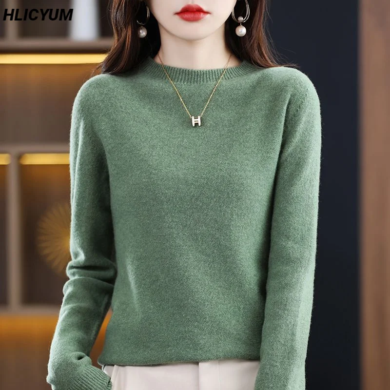Women's Pullover 2023 Autumn/Winter New 100% Wool Sweater Casual Solid Color Knitwear Ladies Top Loose Round Neck Basic Blouse