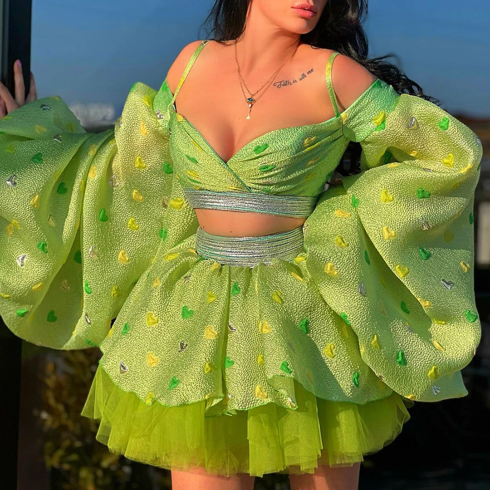 

Bright Green Women Dress Off-the-shoulder Cropped Top with Heart Patterns and Silver Accents Dress Sheer Trim Big Puffy Sleeves