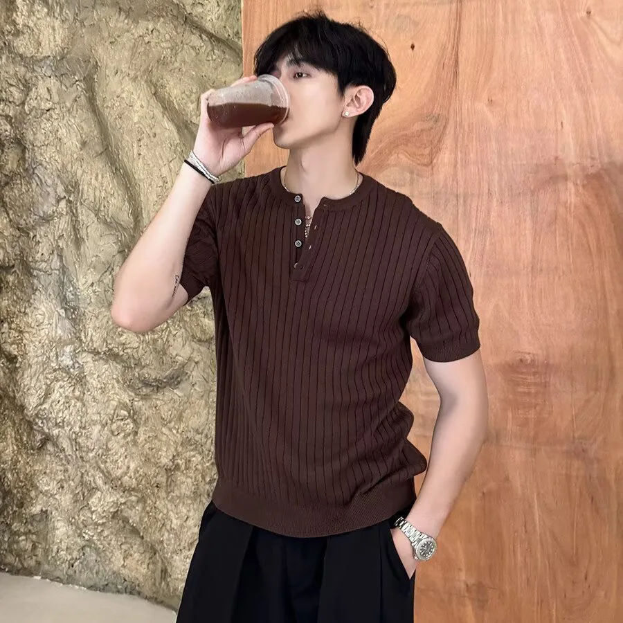 Knitted sweater short-sleeved T-shirt men's Henry collar semi-open collar slim fit business ice silk summer