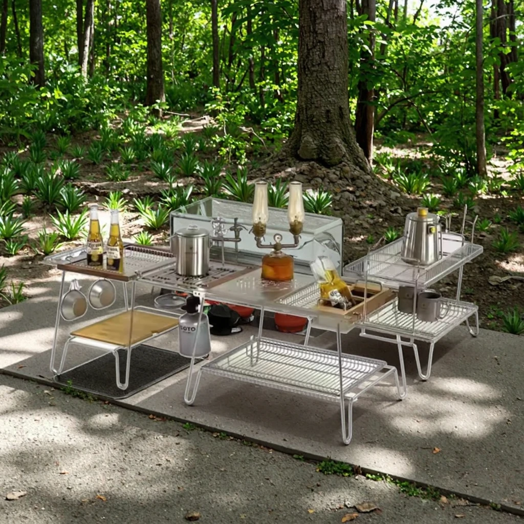 

Modern Silver Aluminum Alloy Metal Portable Folding Table Outdoor BBQ Picnic Barbecue Combination Dining Kitchen Camping