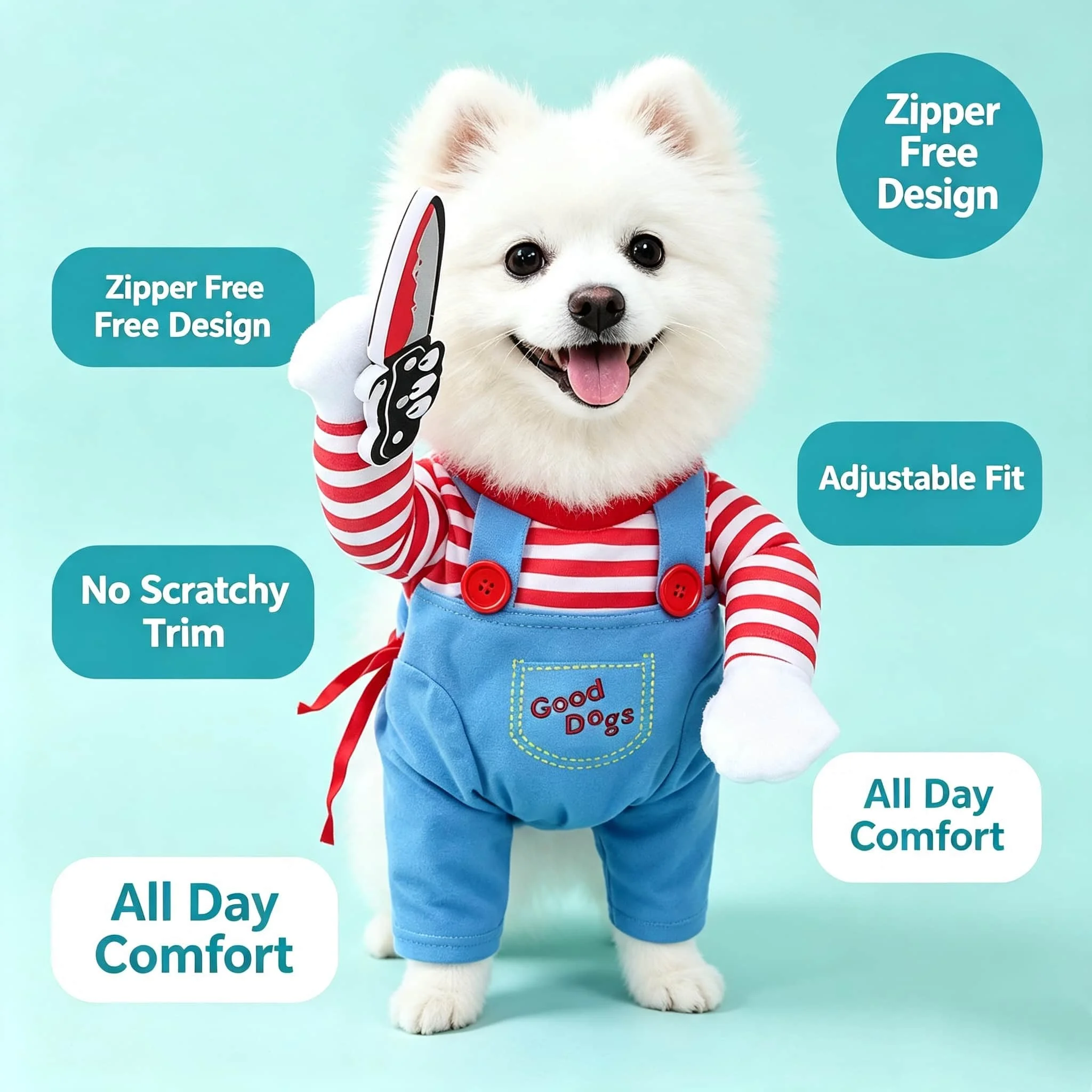 Hundekostüm „Chucky“ mit Messer, lustiges Cosplay-Outfit, Halloween-Party-Verkleidung für Welpen und kleine Hunde – Detail 7