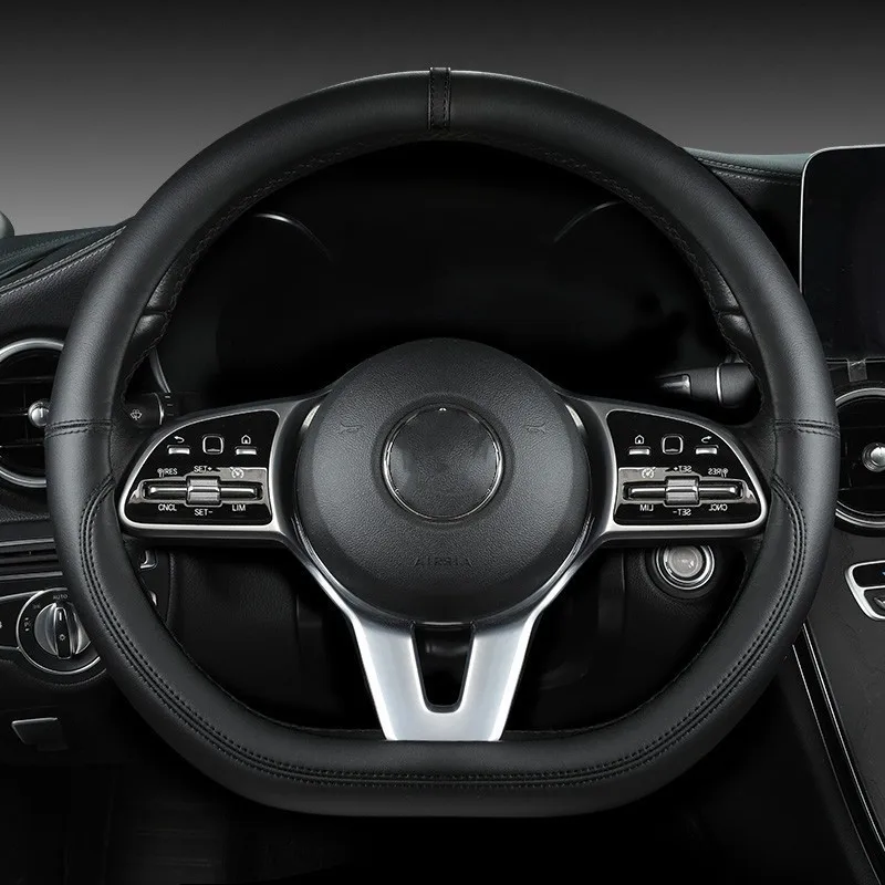 Full Leather Cover for All Seasons Auto Steering Wheel Cover Non-slip D-shaped Breathable Car Steering Wheel Protector