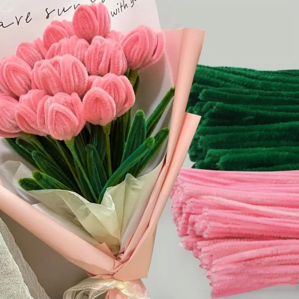 Tulip Rose Macaron Color Fuzzy Wire Encrypted Fur Root Top Knitting Strip Super Density Material Package DIY Flower Bouquet