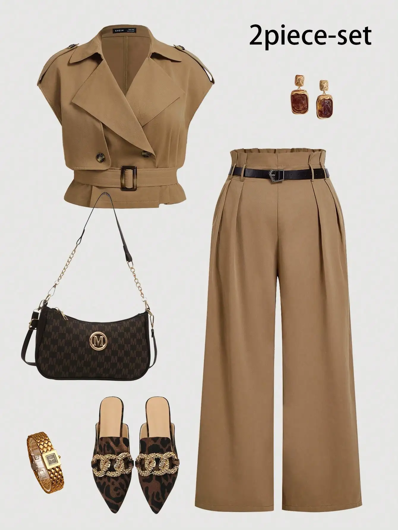 

Комплект из двух предметов цвета хаки больших размеров: безрукавка с поясом и брюки с высокой талией и широкими штанинами для осени/зимы