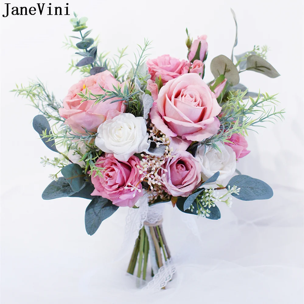 

JaneVini Elegant Pink Flower Bouquet Wedding Bride Braut Strauss Blumen Artificial Roses Hand Flowers Party Wedding Decoration