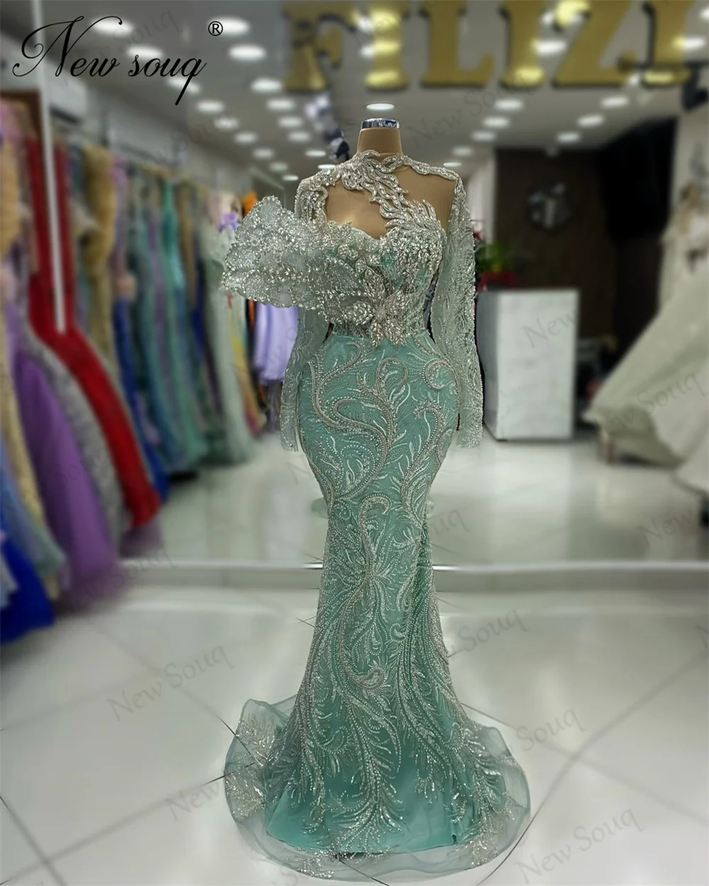 Vestidos Sereia com Cristais Brilhantes, Vestidos Elegantes com Cristais Brilhantes, Dubai, Verde Menta, Festa de Casamento, Árabe, 2022