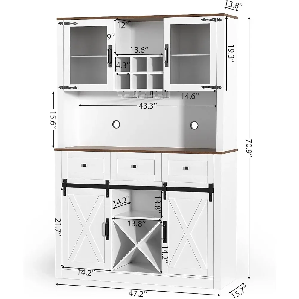 Bar Cabinet with Sliding Barn Door, Sideboard Buffet Cabinets with Wine & Glasses Rack, Storage Cabinet for Kitchen, Dining Room