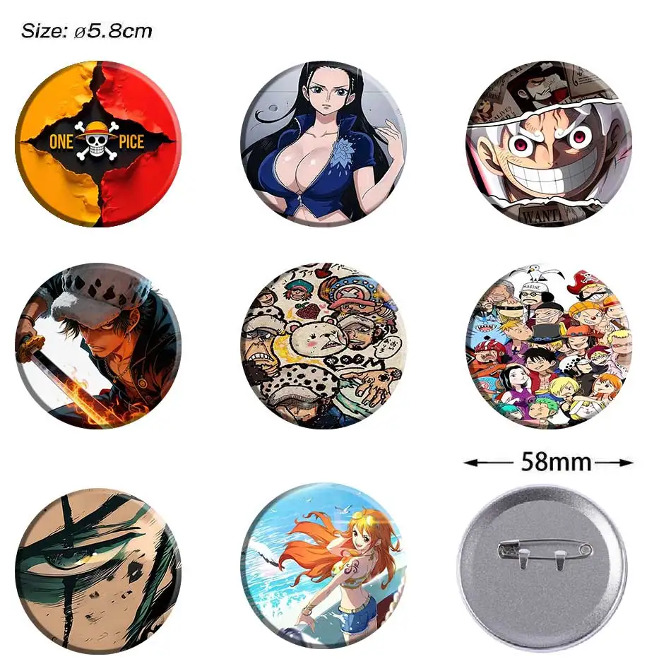 

58mm Anime Oen Piece Button Badge Round Luffy Roronoa Zoro Sanji Nico Robin Tony Brooch for Bag Cosplay Fans Gift Collect