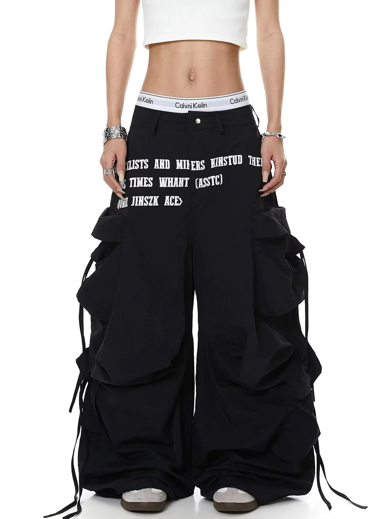 American Retro High Street Drawstring Multi Pocket Pleated Letter Paratrooper Workwear Pants Women's Street Dance Pants