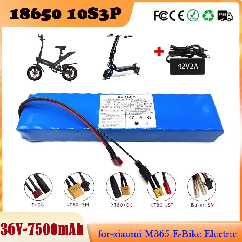 18650 10S3P Rechargeable Lithium Battery Pack 36V 7500mAh for Xiaomi M365 Electric Bike Electric Scooter Hoverboard Built-in BMS