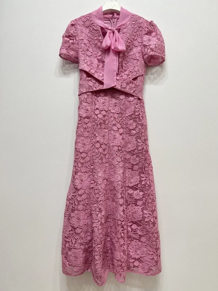 

2023 women's new pink lace dress tie-up short-sleeved self-cultivation lady elegant maxi dress female