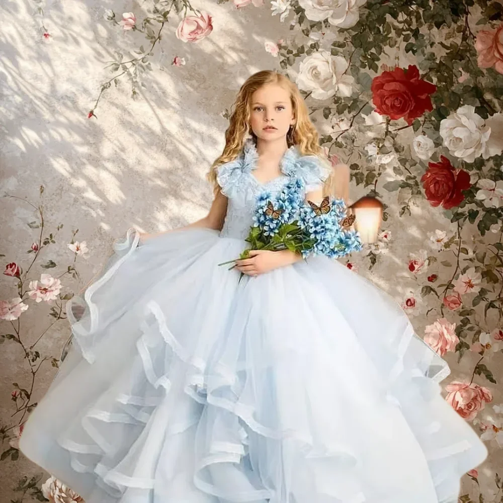 フラワーガールドレス 結婚式用 ライトブルー チュール レース ノースリーブ ふわふわ キッズ カスタム 誕生日パーティー ページェント 初聖体ドレス