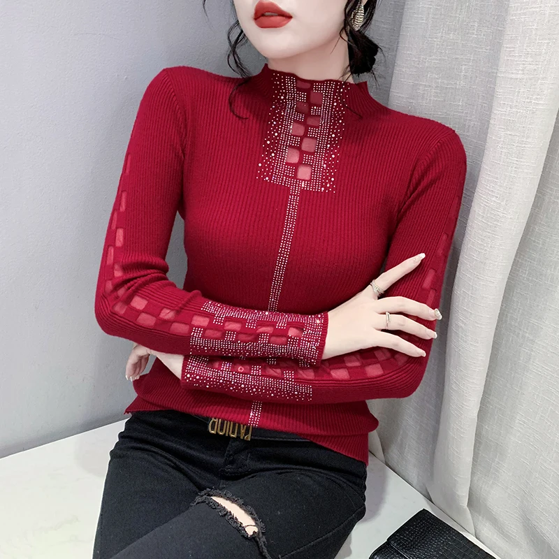 MadBlack, European Clothes T-Shirts, Women Sexy Mock Neck Diamonds Top, Long Sleeve Mesh Slim Sweater, 2024 Fall Winter T48950QM