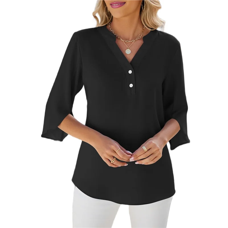 

【SEE】Women's Casual Chiffon Blouse Tops 1/2 Ruffled Sleeve V Neck Loose Fit Blouses Shirts