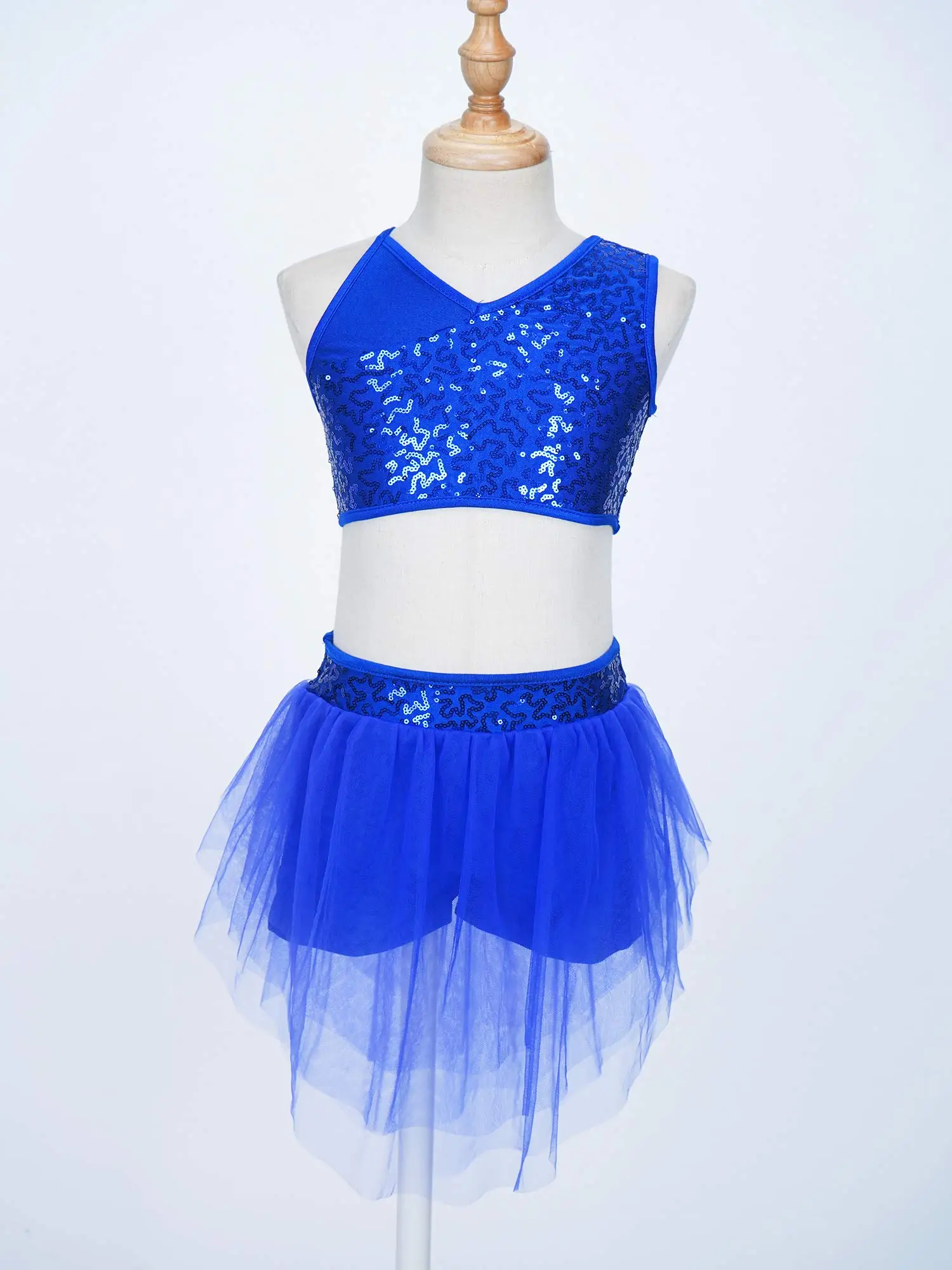 Meisjes Lyrische Danssets Balletjurk Kinderen Gymnastiekoutfit Competitie Uitvoeren Kostuum Pailletten Crop Top + Chiffon Rok