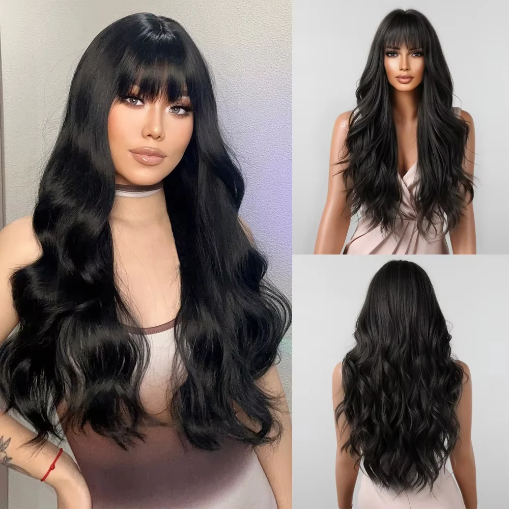Big Waves of Long Curly Black Synthetic Wig for Halloween Cosplay. Wearing It Daily. High-Temperature Hair Accessory Wig.