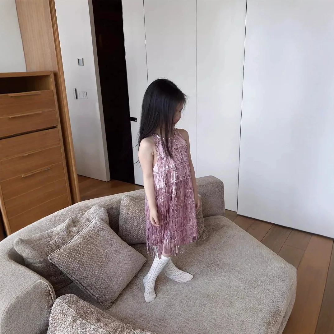 

Birthday Princess Evening Dress Fashion and Outwear Clothes 2025 Baby Girl Summer Latin Dance Style Tassel Vest Dress