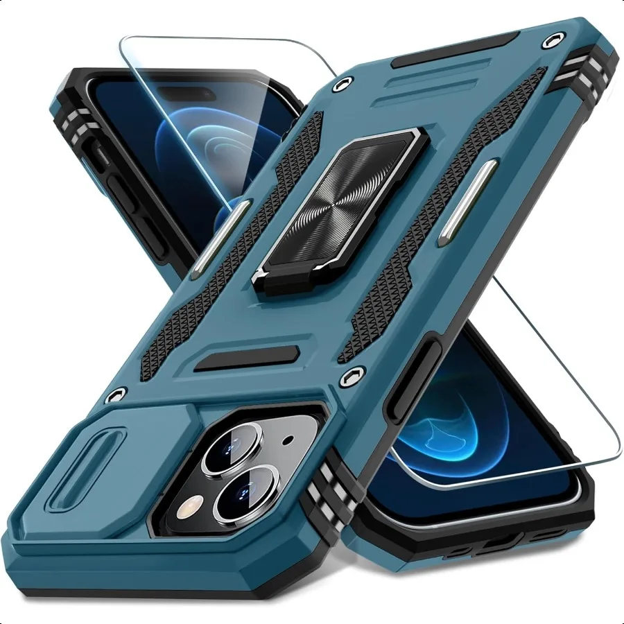 Funda DEERLAMN para iPhone 15 Plus con cubierta deslizante para cámara + Protector de pantalla, 1 paquete, soporte de anillo giratorio, Shockpro de grado militar