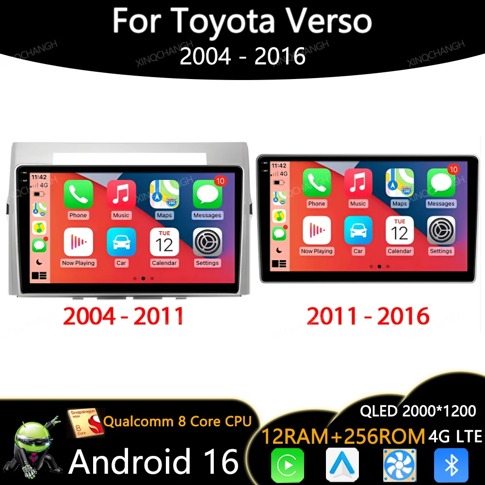 Android 16 Car Radio Multimedia Player For Toyota Verso 2004 - 2016 Stereo Wireless CarPlay Auto Head Unit Qualcomm BT 2DIN WIFI