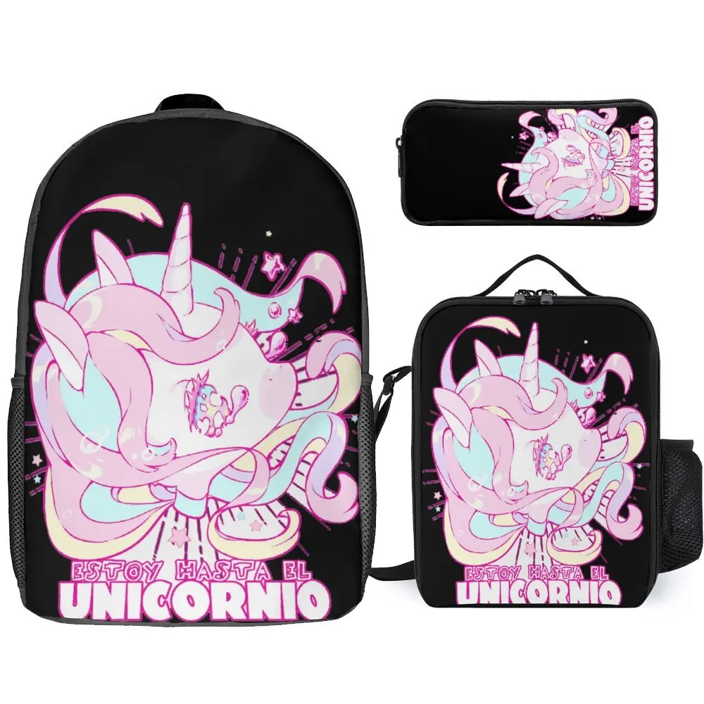 Divertidos De Estoy Hasta El Unicornio Durable Comfortable Lunch Tote 3 in 1 Set 17 Inch Backpack Lunch Bag Pen Bag Sports Activ