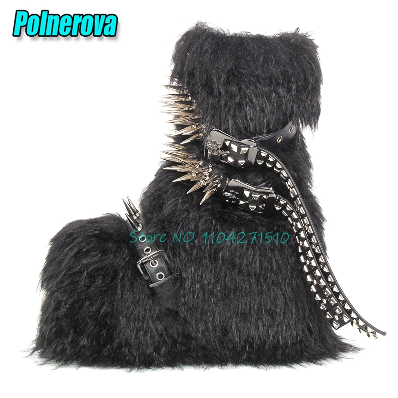 

Punk Rivet Belt Buckle Short Boots for Women Fashion Black Hairy Round Toe Chunky Platform Calf Boots Autumn Winter Female Shoes