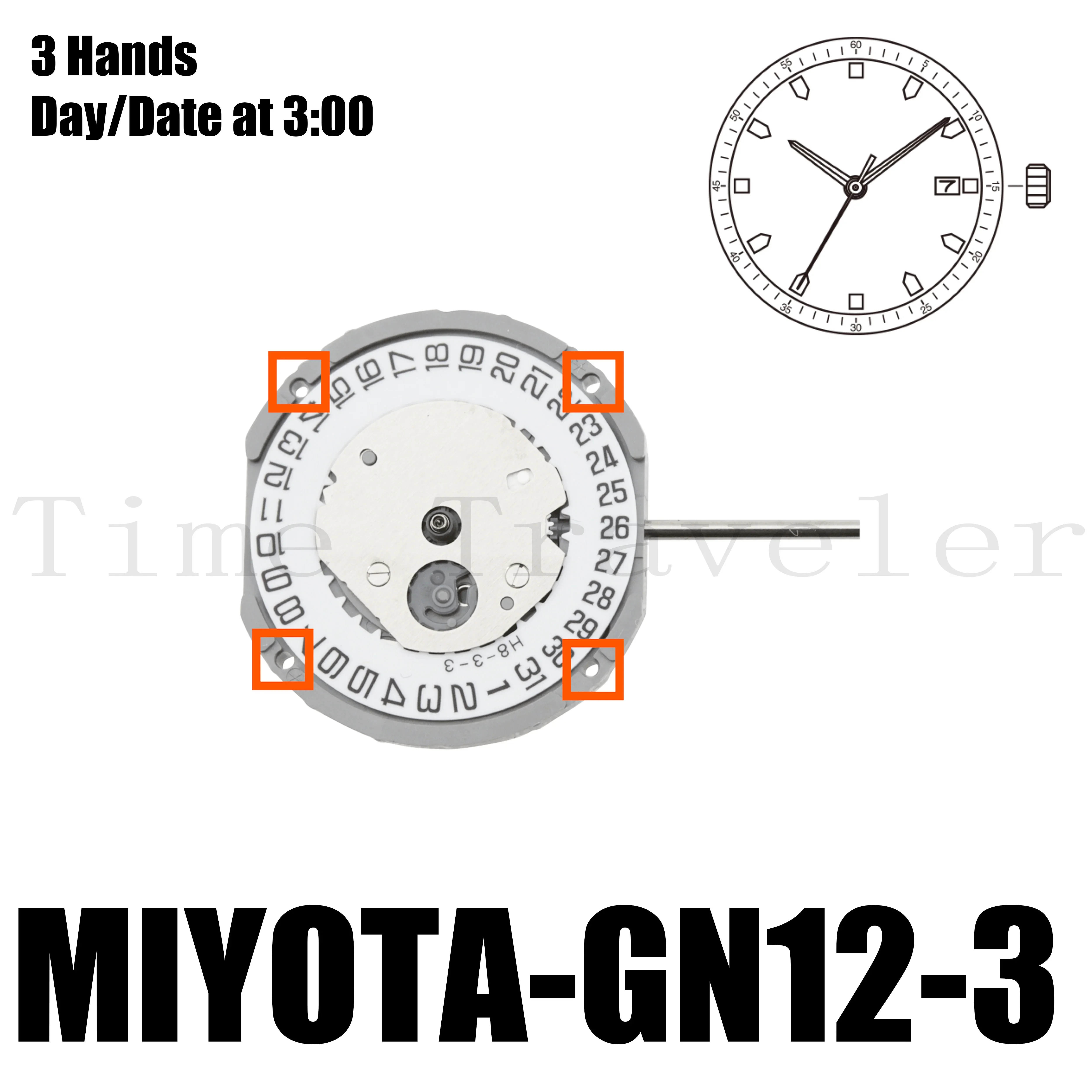 GN12 Movement Miyota GN12 Movement Size   8 3/4''' Height  2.71mm Battery Life 3 years  3 Hands Date at 3:00