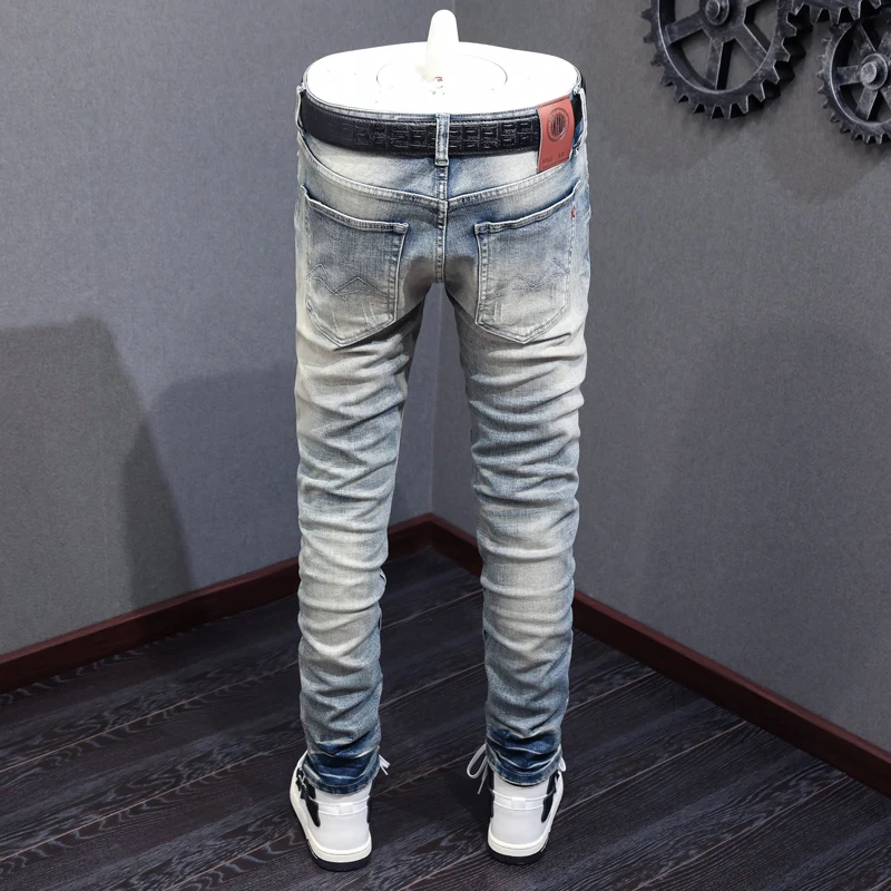 Newly Designer Fashion Men Jeans Retro Light Blue Plain Washed Elastic Slim Fit Ripped Jeans Men Vintage Denim Pants Hombre