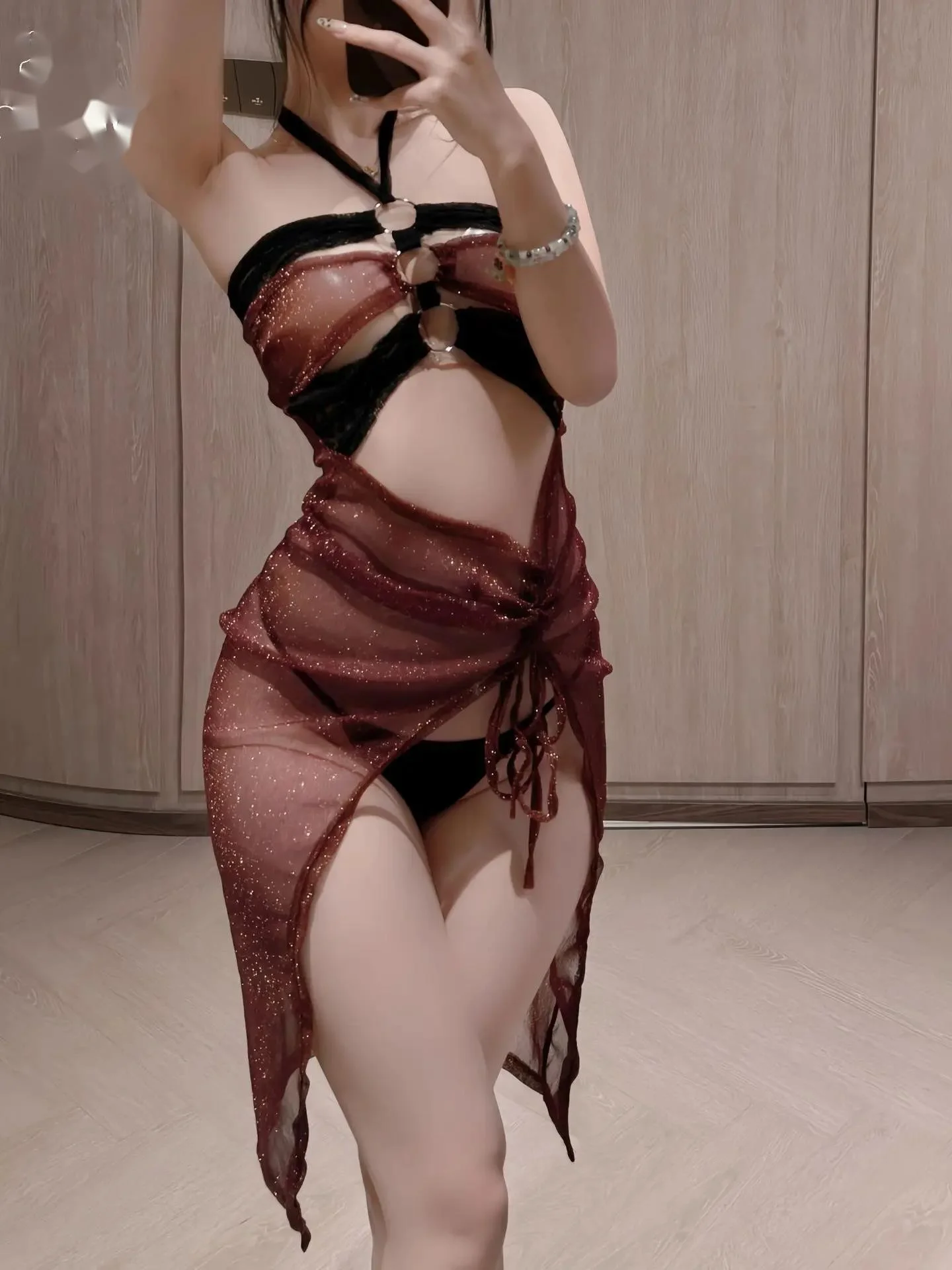 2025 New Sexy Chinese Style Hanging Neck Backless Hollow Out Mesh Sheer Dress Women Cinching Waist Slim High Slit Dress 53ZW