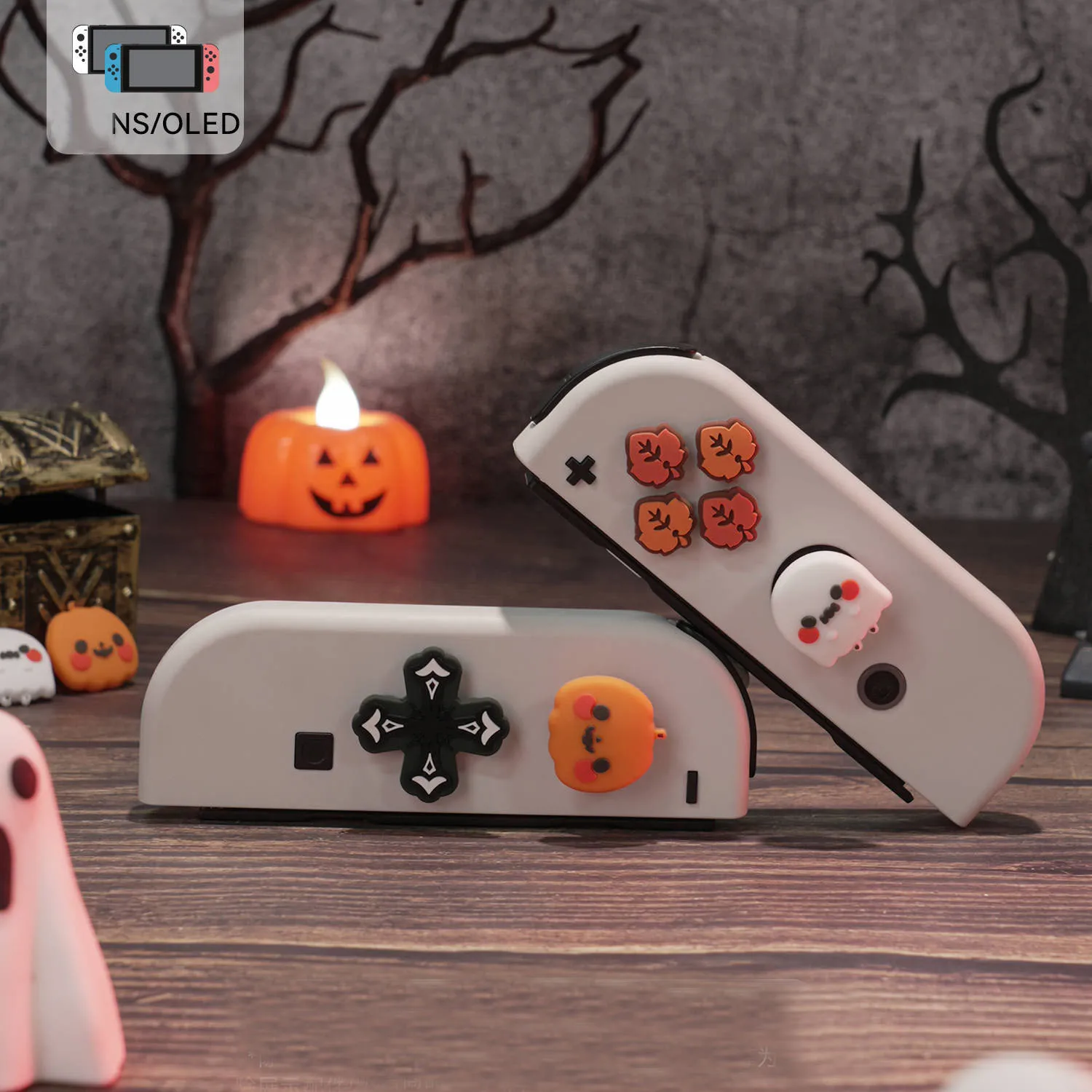 Pumpkin Ghost Silicone Soft D-pad Cross Button ABXY Key Sticker Skin Case For Switch Oled NS Joy-con Thumb Stick Grip Cap Cover