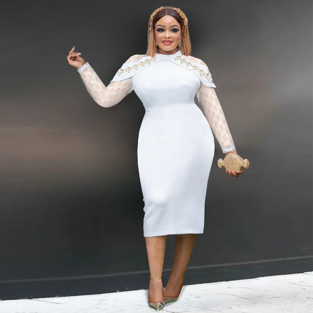 

S-4XL Dashiki African Dresses for Women White Autumn Elegant Africa Long Sleeve Party Evening Bodycon Midi Dress Africa Clothing