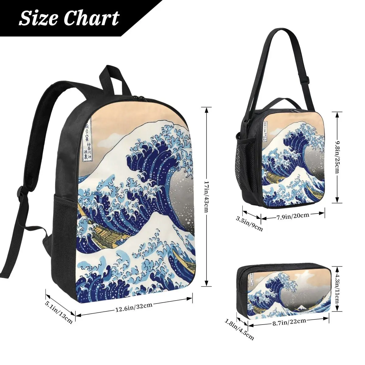

Рюкзак The Great Wave Off Kanagawa от Katsushika Hokusai, сумка для книг для мальчиков и девочек, школьная сумка, 3 шт., изолированная сумка для обеда, пенал