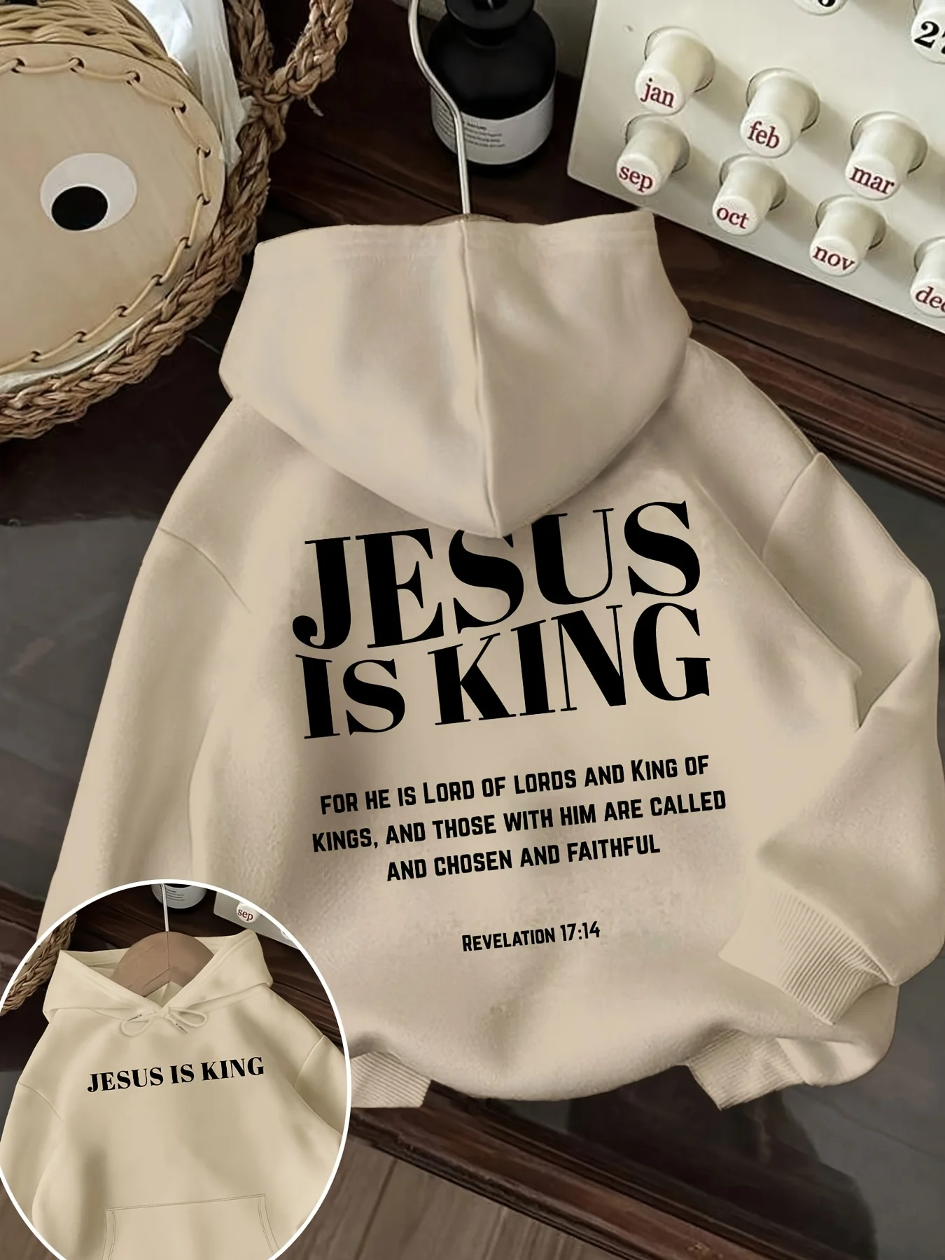 �Jesus ist König, Offenbarung 17:14“ Kapuzenpullover, Hip-Hop-Sport-Sweatshirt mit christlichem Glaubensaufdruck, beige, lässiger Pullover mit gerippten Bündchen – Detail 2