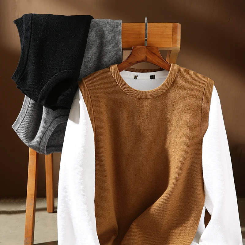 

Модный городской мужской вязаный жилет-свитер для осени и зимы, повседневный, утепленный, с круглым вырезом, однотонный