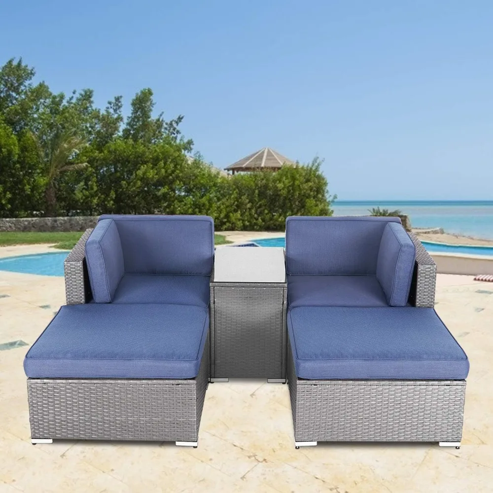 

5-Piece Outdoor Patio Furniture Set, PE Rattan Wicker Chair Sectional Sofa Set with Zipper and Glass Coffee Table, Garden Sofa