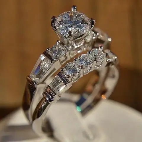 Simulated Diamond Combo Ring, Elegant Versatile Band, Exquisite Inlaid Jewelry