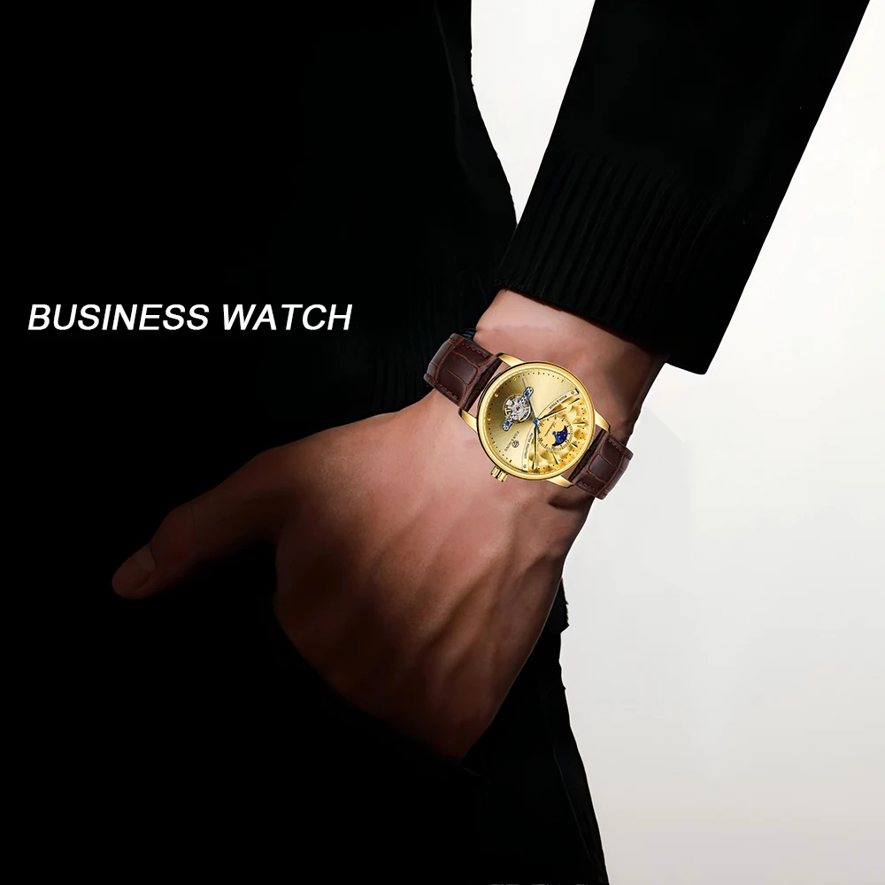 FORSINING Fashion Luxury Mens Automatic Skeleton Mechanical Watch Moon Phase Design Tourbillon Leather Strap Business Wristwatch