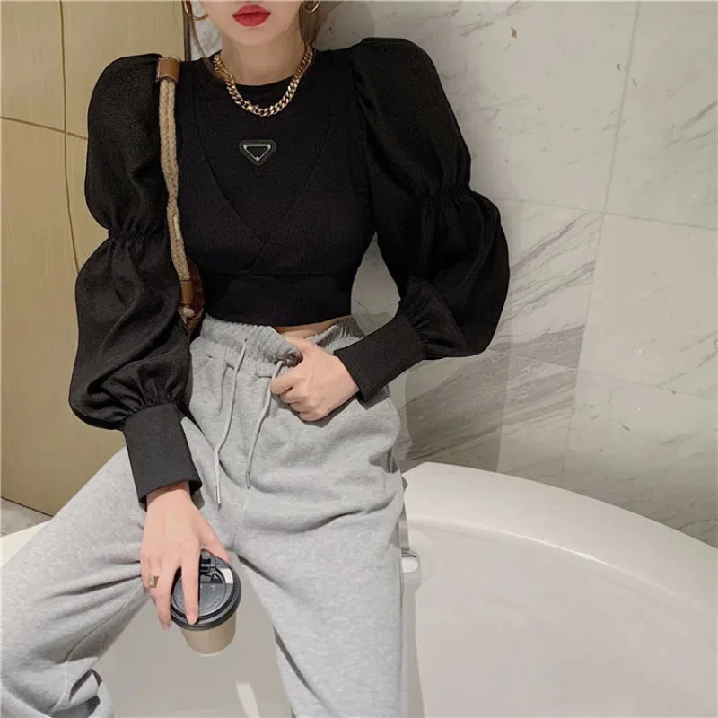 Elegant Stand Collar Solid Color Puff Sleeve Top Spring Autumn Fake Two Pieces Korean Folds Loose Spliced Women\'s Office Shirts