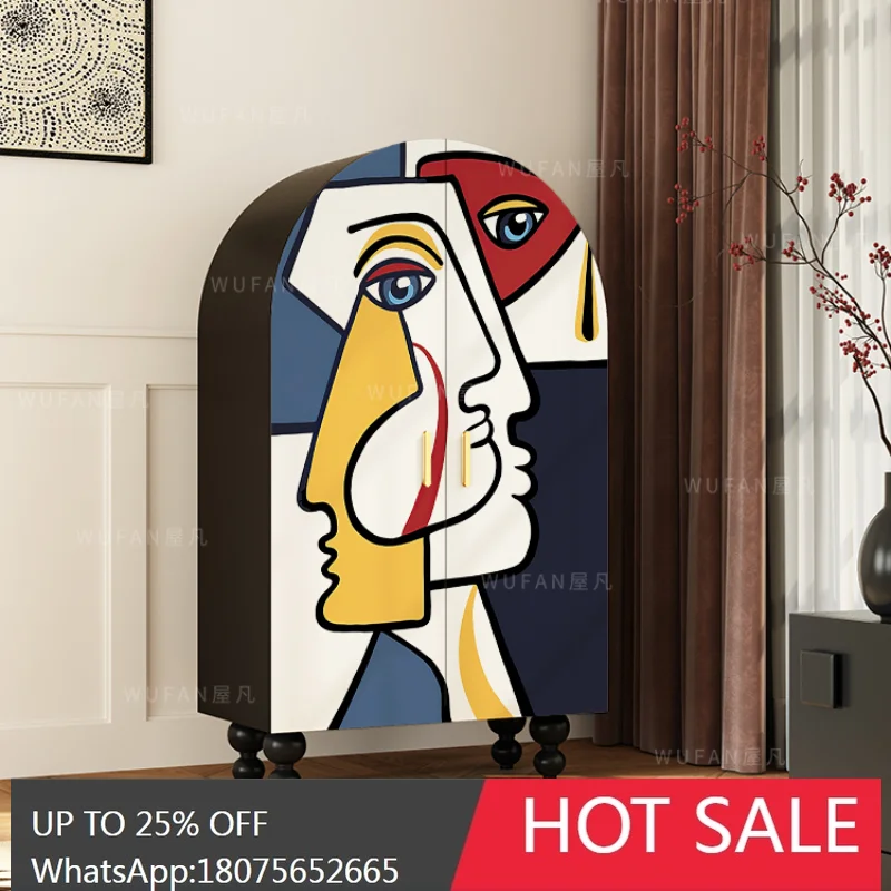 Art Abstract Wardrobe Household Solid Wood Double Door Wardrobe Living Room Storage Bedroom All-in-One Cabinet