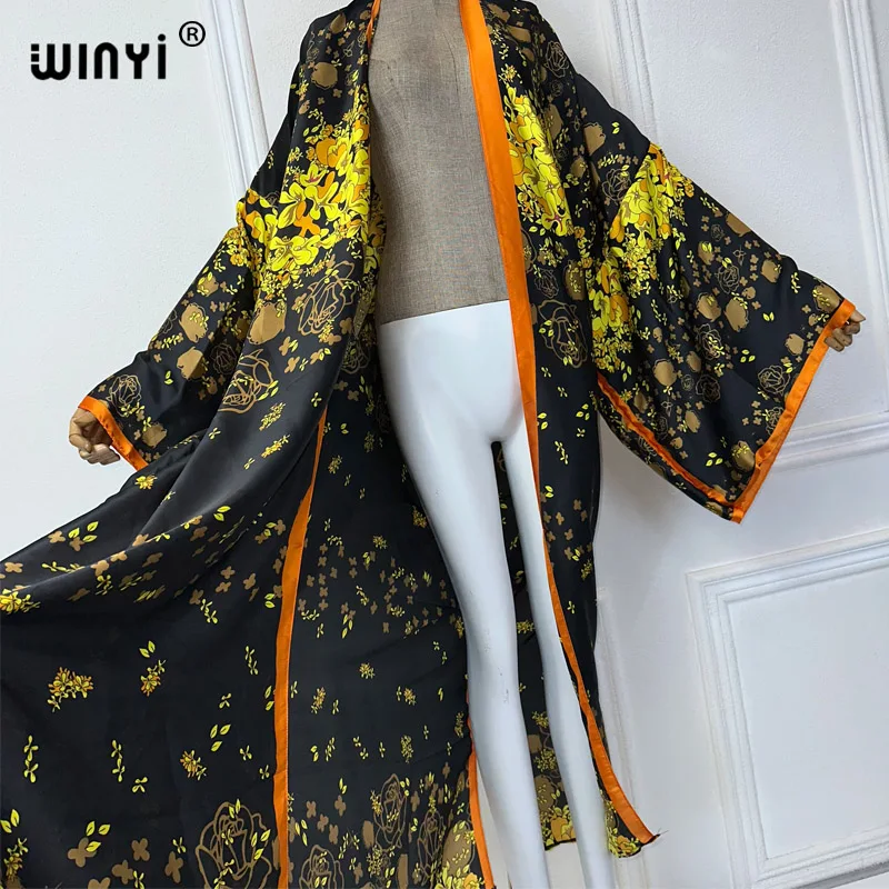 WINYI summer new kimono africa Bohemia print beach cover up maxi dress cardigan beach wear donna 2024 abaya dubai luxury