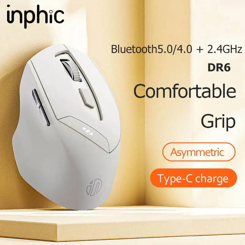 INPHIC DR6 BluetOoth 5.0 Wireless Mouse Rechargeable 2.4 Tri-Modes 1600dpi Mute Mouse for iPad Laptop Desktop Mac Android