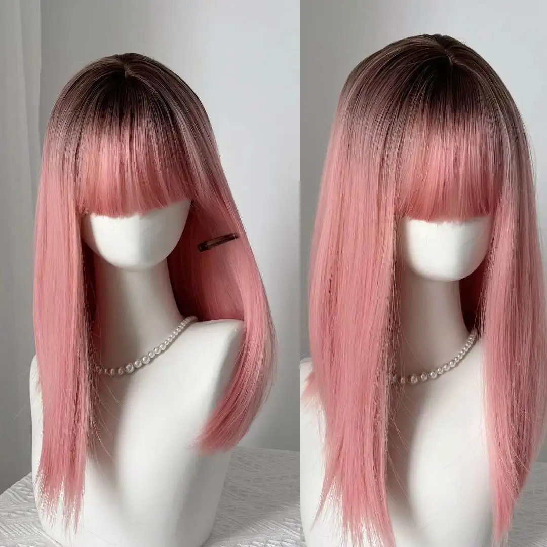 

Ombre Розовый Коричневый Косплей Синтетический Парик с Челкой Темный Корь Средней Длины Прямые Женские Парики Партии Лолита Термостойкие Волосы