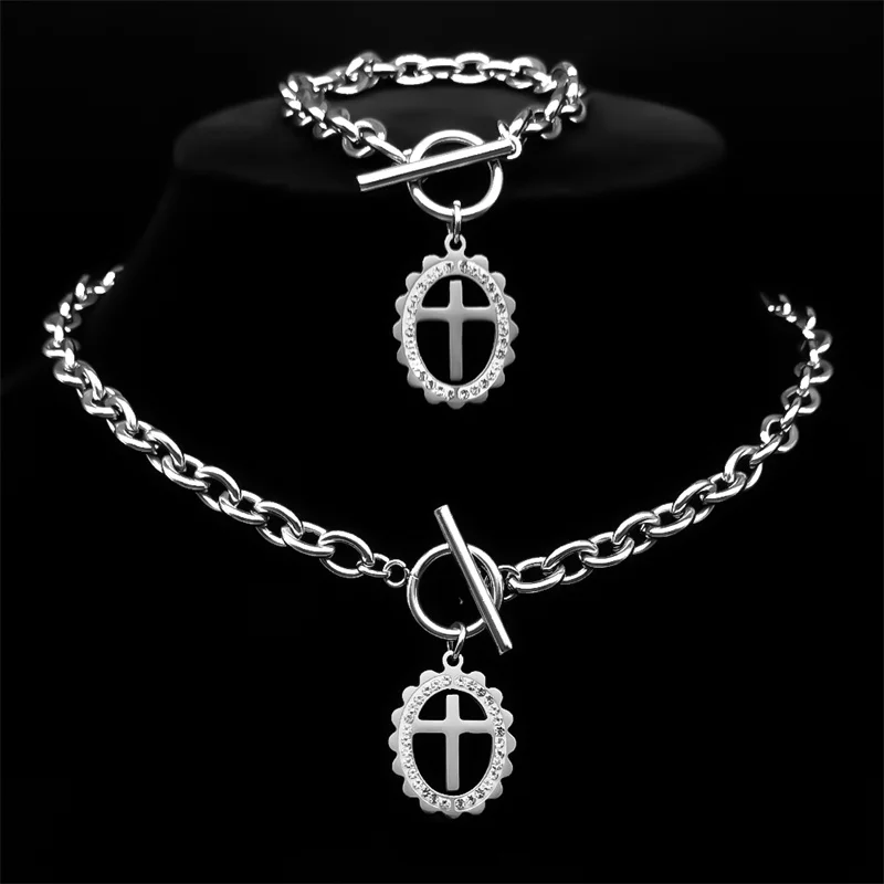 Clear Rhinestone Oval Cross Pendant Jewelry Sets Women Men Stainless Steel Gold Color Necklace Bracelet Set Party Gift ﻿ 8328